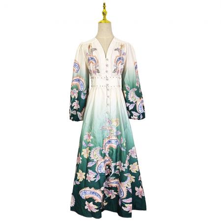 BY11225# 早春复古印花V领渐变灯笼袖收腰荷叶边裙 服裝批發女裝批發服飾貨源