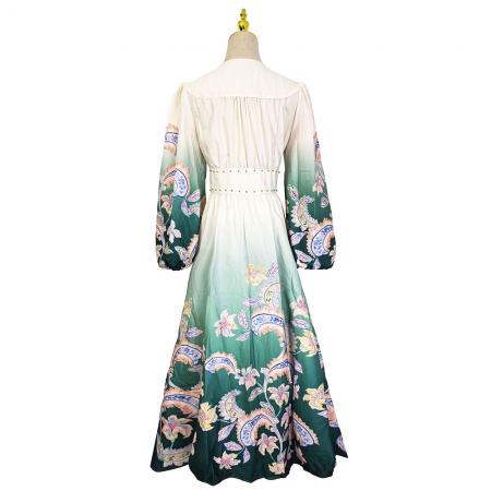 BY11225# 早春复古印花V领渐变灯笼袖收腰荷叶边裙 服裝批發女裝批發服飾貨源