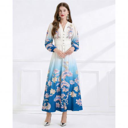 BY11226# 早春复古印花V领渐变灯笼袖收腰荷叶边裙 服裝批發女裝批發服飾貨源