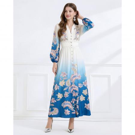 BY11226# 早春复古印花V领渐变灯笼袖收腰荷叶边裙 服裝批發女裝批發服飾貨源