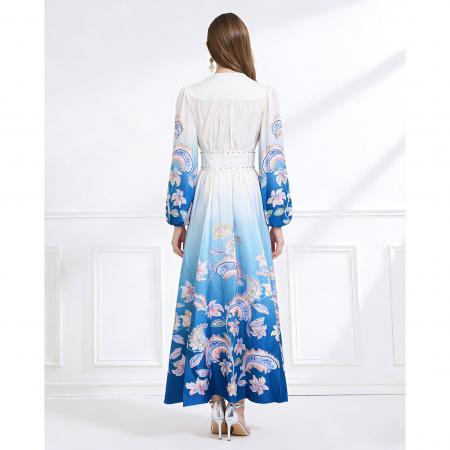 BY11226# 早春复古印花V领渐变灯笼袖收腰荷叶边裙 服裝批發女裝批發服飾貨源