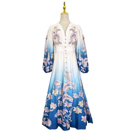 BY11226# 早春复古印花V领渐变灯笼袖收腰荷叶边裙 服裝批發女裝批發服飾貨源