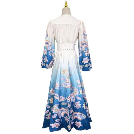 BY11226# 早春复古印花V领渐变灯笼袖收腰荷叶边裙 服裝批發女裝批發服飾貨源