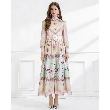 BY11227# 早春仿麻印花立领灯笼袖波浪边收腰荷叶边裙 服裝批發女裝批發服飾貨源