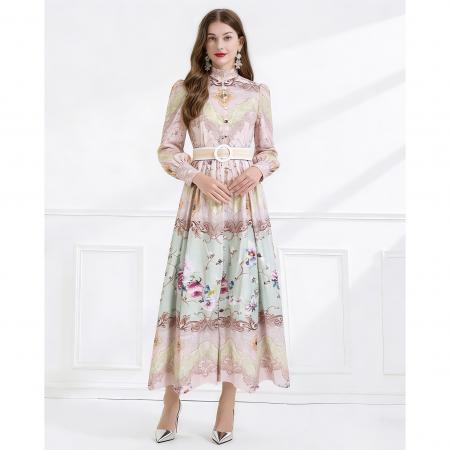 BY11227# 早春仿麻印花立领灯笼袖波浪边收腰荷叶边裙 服裝批發女裝批發服飾貨源