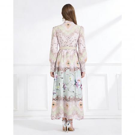 BY11227# 早春仿麻印花立领灯笼袖波浪边收腰荷叶边裙 服裝批發女裝批發服飾貨源