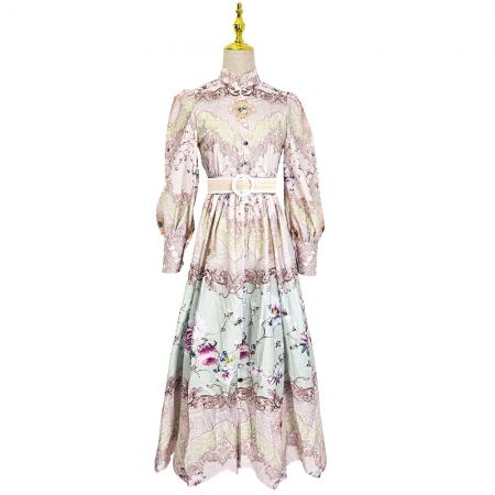 BY11227# 早春仿麻印花立领灯笼袖波浪边收腰荷叶边裙 服裝批發女裝批發服飾貨源