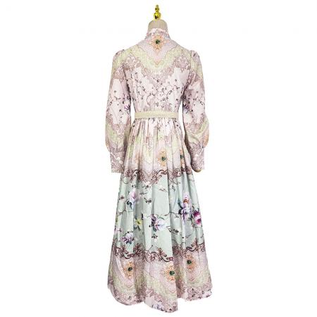 BY11227# 早春仿麻印花立领灯笼袖波浪边收腰荷叶边裙 服裝批發女裝批發服飾貨源