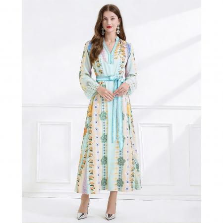 BY11231# 度假风蕾丝拼接优雅印花亚麻系带收腰连衣裙 服裝批發女裝批發服飾貨源