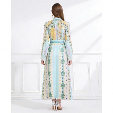 BY11231# 度假风蕾丝拼接优雅印花亚麻系带收腰连衣裙 服裝批發女裝批發服飾貨源