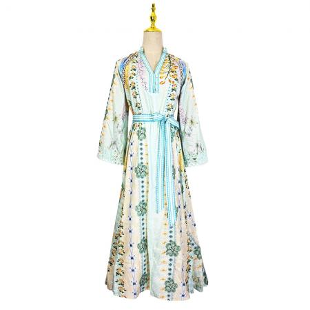 BY11231# 度假风蕾丝拼接优雅印花亚麻系带收腰连衣裙 服裝批發女裝批發服飾貨源