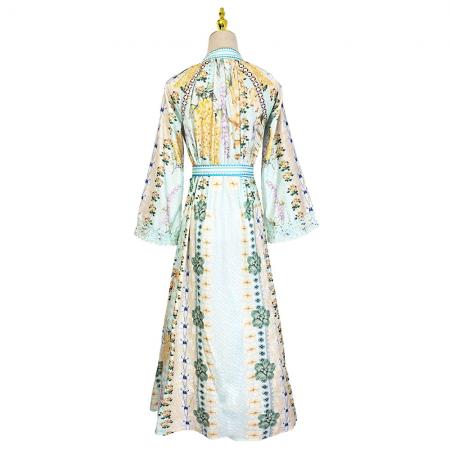 BY11231# 度假风蕾丝拼接优雅印花亚麻系带收腰连衣裙 服裝批發女裝批發服飾貨源