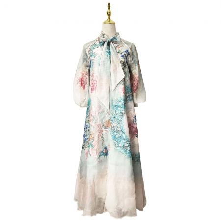 BY11233# 早春度假风飘逸风格蝴蝶结系带丝麻印花连衣长裙 服裝批發女裝批發服飾貨源