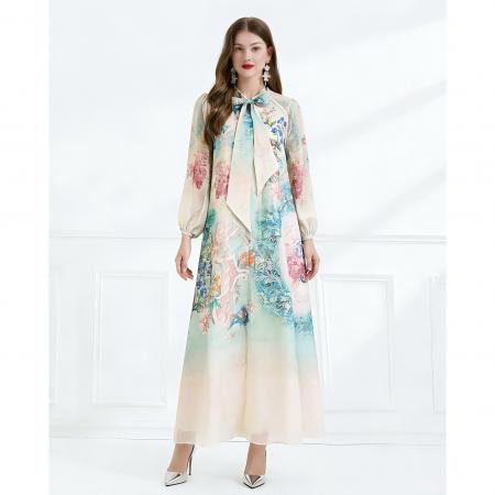 BY11233# 早春度假风飘逸风格蝴蝶结系带丝麻印花连衣长裙 服裝批發女裝批發服飾貨源