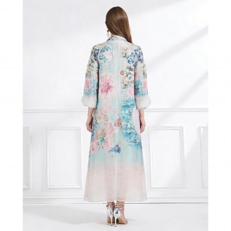 BY11233# 早春度假风飘逸风格蝴蝶结系带丝麻印花连衣长裙 服裝批發女裝批發服飾貨源