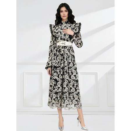 BY11234# 早春立领飞袖荷叶边蕾丝飘逸风格收腰连衣裙 服裝批發女裝批發服飾貨源