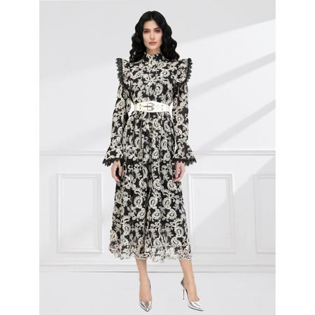 BY11234# 早春立领飞袖荷叶边蕾丝飘逸风格收腰连衣裙 服裝批發女裝批發服飾貨源