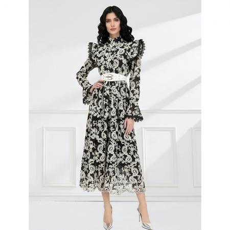 BY11234# 早春立领飞袖荷叶边蕾丝飘逸风格收腰连衣裙 服裝批發女裝批發服飾貨源