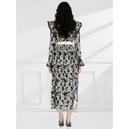 BY11234# 早春立领飞袖荷叶边蕾丝飘逸风格收腰连衣裙 服裝批發女裝批發服飾貨源