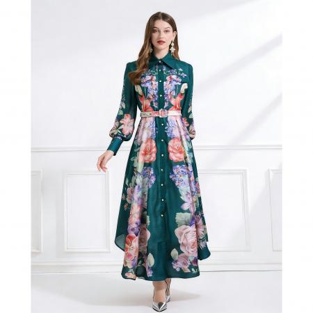 BY11235# 成衣新款立领灯笼袖不规则裙摆收腰连衣裙 服裝批發女裝批發服飾貨源