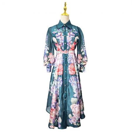 BY11235# 成衣新款立领灯笼袖不规则裙摆收腰连衣裙 服裝批發女裝批發服飾貨源