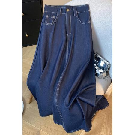 BY11236# 夏季薄款天丝牛仔高腰遮胯深蓝色显瘦简约a字长裙 服裝批發女裝批發服飾貨源