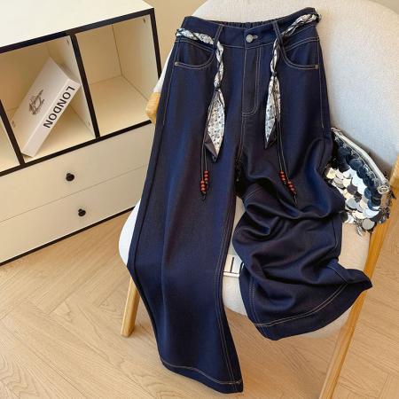 BY11237# 春季新款丝巾腰带阔腿牛仔裤女高腰休闲宽松百搭休闲直筒长裤 服裝批發女裝批發服飾貨源