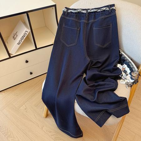 BY11237# 春季新款丝巾腰带阔腿牛仔裤女高腰休闲宽松百搭休闲直筒长裤 服裝批發女裝批發服飾貨源