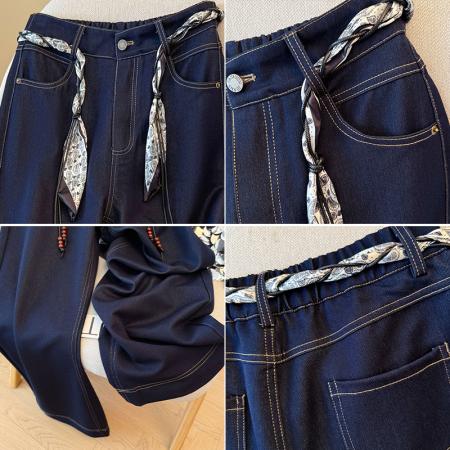 BY11237# 春季新款丝巾腰带阔腿牛仔裤女高腰休闲宽松百搭休闲直筒长裤 服裝批發女裝批發服飾貨源