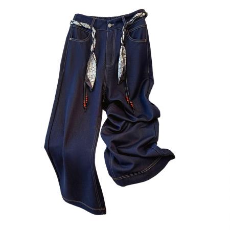 BY11237# 春季新款丝巾腰带阔腿牛仔裤女高腰休闲宽松百搭休闲直筒长裤 服裝批發女裝批發服飾貨源