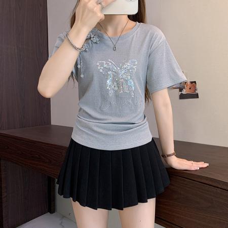 BY11240# 设计感新中式短袖T恤女夏季新款胖mm显瘦收腰褶皱上衣 服裝批發女裝批發服飾貨源