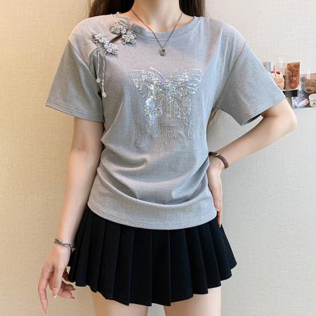 BY11240# 设计感新中式短袖T恤女夏季新款胖mm显瘦收腰褶皱上衣 服裝批發女裝批發服飾貨源