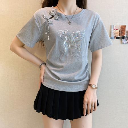 BY11240# 设计感新中式短袖T恤女夏季新款胖mm显瘦收腰褶皱上衣 服裝批發女裝批發服飾貨源