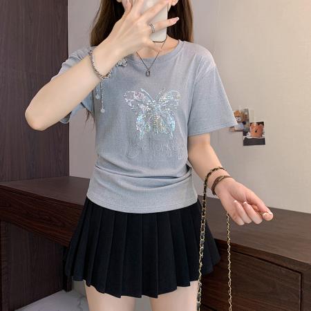 BY11240# 设计感新中式短袖T恤女夏季新款胖mm显瘦收腰褶皱上衣 服裝批發女裝批發服飾貨源