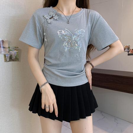 BY11240# 设计感新中式短袖T恤女夏季新款胖mm显瘦收腰褶皱上衣 服裝批發女裝批發服飾貨源