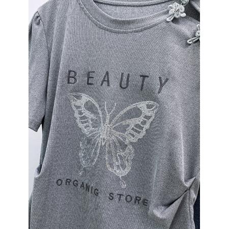 BY11243# 设计感国风绣花不规则短袖T恤女装夏季新款大码胖mm修身蝴蝶上衣 服裝批發女裝批發服飾貨源