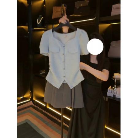 BY11246# 大码夏季新款气质时尚显瘦单排扣洋气短袖方领不规则T恤女 服裝批發女裝批發服飾貨源