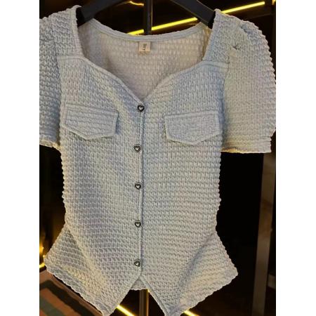 BY11246# 大码夏季新款气质时尚显瘦单排扣洋气短袖方领不规则T恤女 服裝批發女裝批發服飾貨源