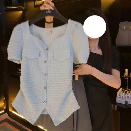 BY11246# 大码夏季新款气质时尚显瘦单排扣洋气短袖方领不规则T恤女 服裝批發女裝批發服飾貨源