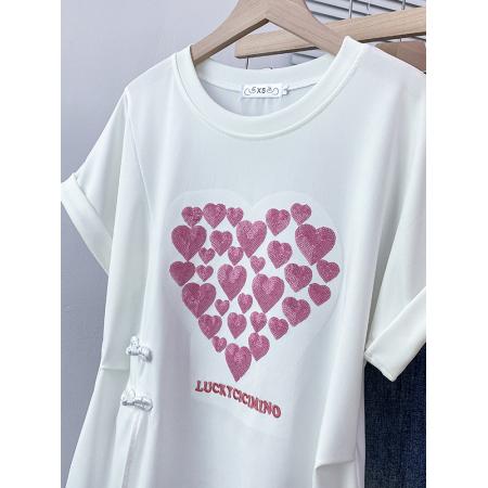 BY11247# 新中式国风盘扣短袖T恤女夏季新款大码胖mm爱心收腰上衣 服裝批發女裝批發服飾貨源