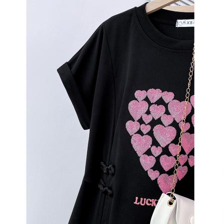 BY11247# 新中式国风盘扣短袖T恤女夏季新款大码胖mm爱心收腰上衣 服裝批發女裝批發服飾貨源