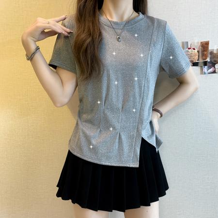 BY11248# 大码夏季不规则烫钻收腰短袖T恤微胖mm高级显瘦遮肚上衣 服裝批發女裝批發服飾貨源