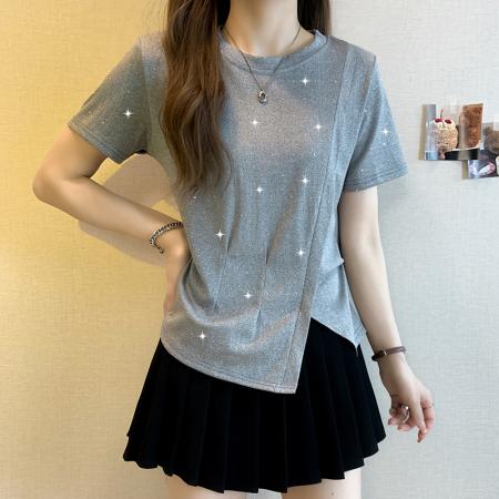 BY11248# 大码夏季不规则烫钻收腰短袖T恤微胖mm高级显瘦遮肚上衣 服裝批發女裝批發服飾貨源