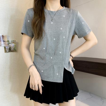 BY11248# 大码夏季不规则烫钻收腰短袖T恤微胖mm高级显瘦遮肚上衣 服裝批發女裝批發服飾貨源