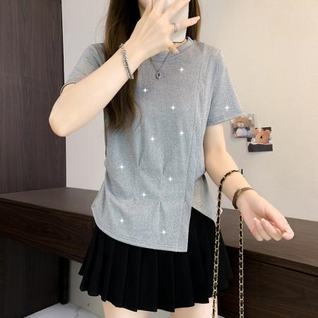 BY11248# 大码夏季不规则烫钻收腰短袖T恤微胖mm高级显瘦遮肚上衣 服裝批發女裝批發服飾貨源