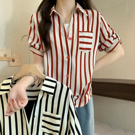 BY11249# 大码女装夏装新款胖mm200斤宽松显瘦条纹衬衫短袖上衣 服裝批發女裝批發服飾貨源