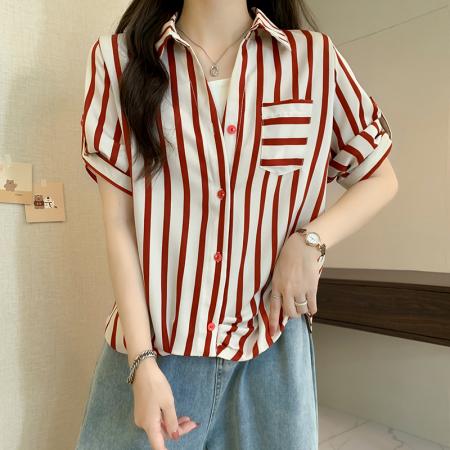 BY11249# 大码女装夏装新款胖mm200斤宽松显瘦条纹衬衫短袖上衣 服裝批發女裝批發服飾貨源