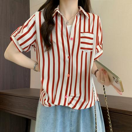 BY11249# 大码女装夏装新款胖mm200斤宽松显瘦条纹衬衫短袖上衣 服裝批發女裝批發服飾貨源