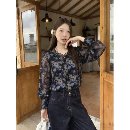 BY11250# 春装欧洲站新款洋气小衫女大码宽松显瘦印花雪纺衬衫上衣 服裝批發女裝批發服飾貨源