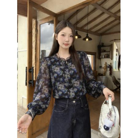 BY11250# 春装欧洲站新款洋气小衫女大码宽松显瘦印花雪纺衬衫上衣 服裝批發女裝批發服飾貨源